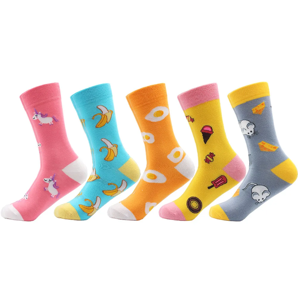 5 пар/лот,, высококачественные женские носки из чесаного хлопка, набор с рисунком банана, лошади, Длинные цветные забавные носки для девочек - Цвет: ST078