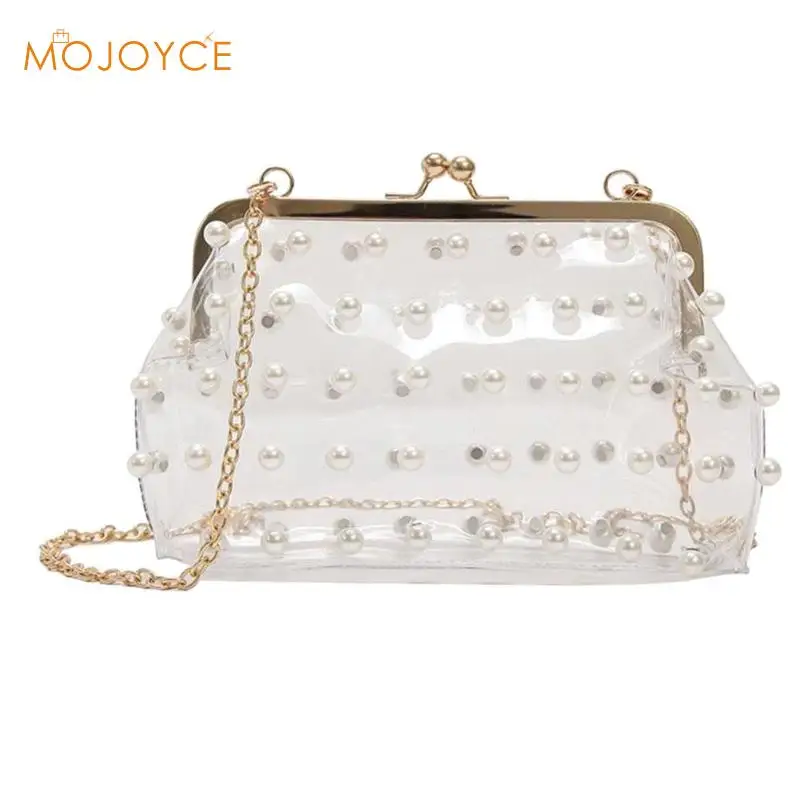 

Women Pearls PVC Clutch Bag Fashion Evening Long Chain Messenger Bag Transparent Shoulder Bags Girls Messenger Crossbody Handbag