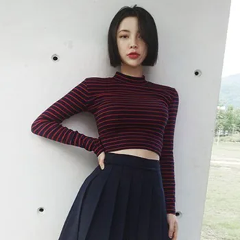 

Korea Style Harajuku T Shirt Women Fashion Stripe Printing Streetwear Casual Pullovers Basic Tops 2018 Black Blue Skirt