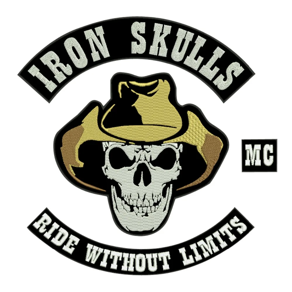 IRON SKULLS Motorcycle Vest Biker Embroidered Iron On Back of Jacket Patch Black twill fabric Free Shipping DIY Eco-Friendly1 (2)