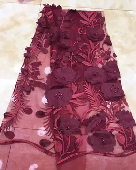 

BEAUTIFICAL 3D Flowers french tulle lace fabric with beaded wine color embroidery Net lace fabric for wedding dress 5yards/lot