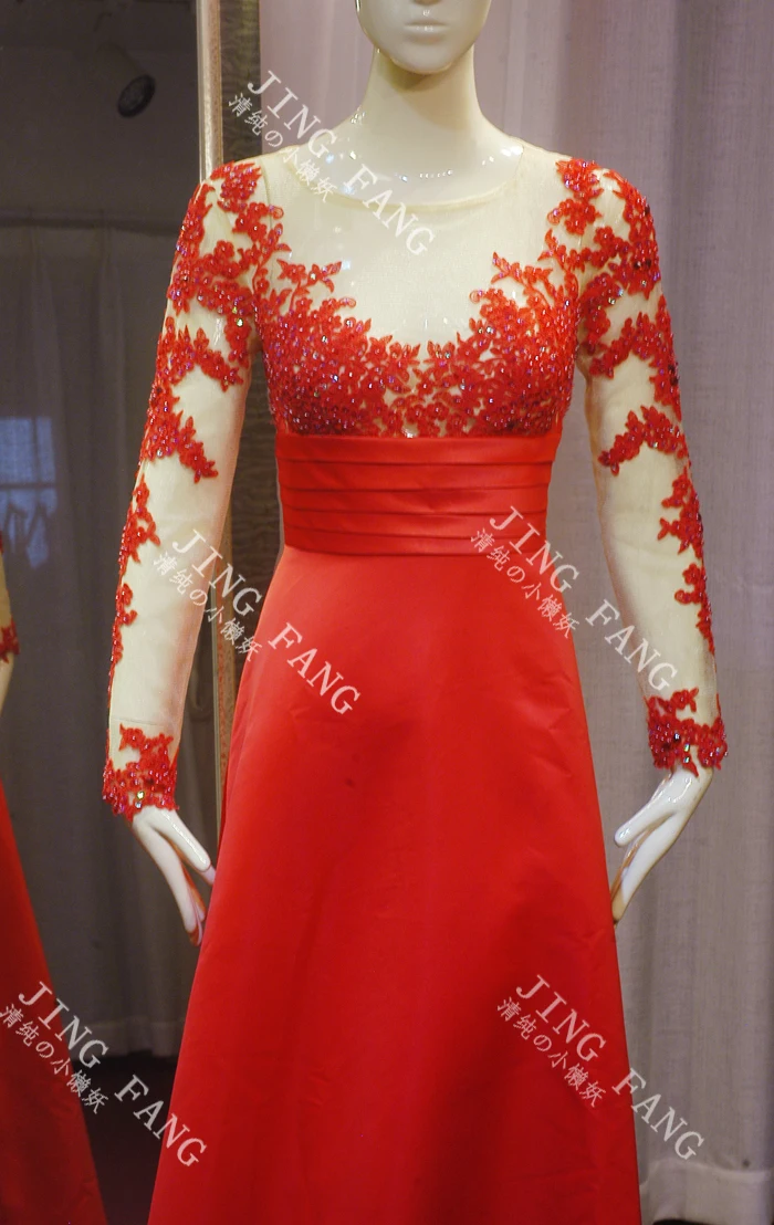 

free shipping new fashion beaded appliques Formal party gown vestido de festa robe de soiree 2014 sexy long sleeve evening dress
