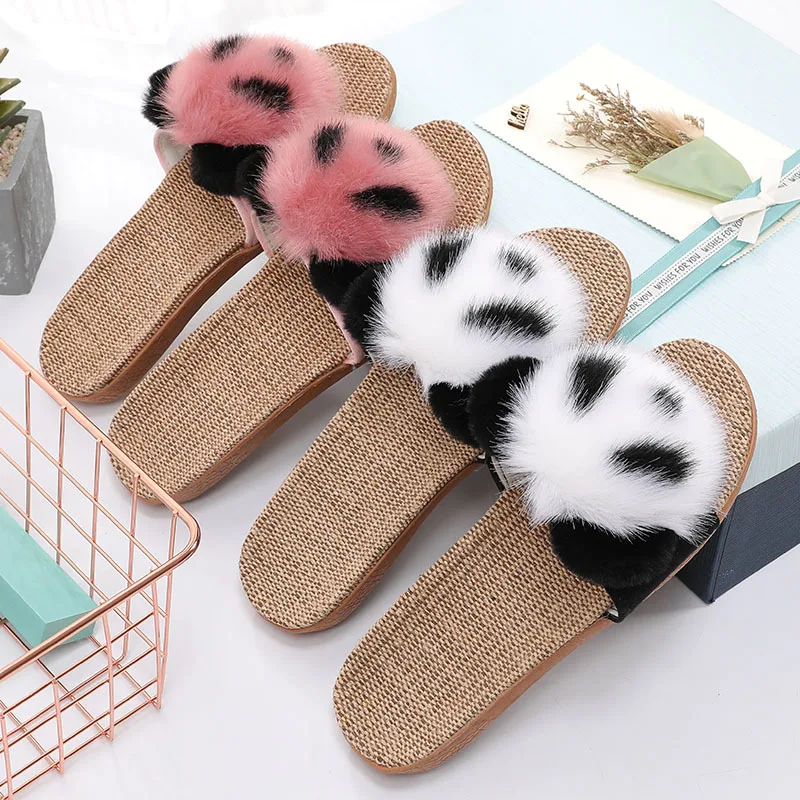 Тапки FRALOSHA женские льняные домашние меховые сандалии и шлепанцы с плоской