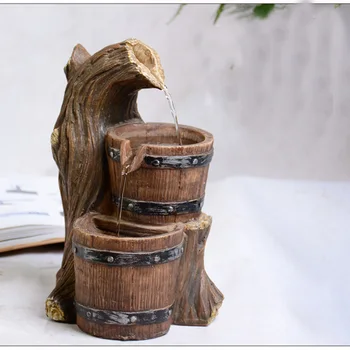 

110/220V Resin Wooden Barrel Feng Shui Water Fountain Office Desktop Decoration Crafts Vintage Waterscape Decor Birthday Gifts