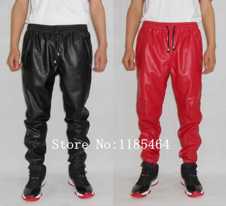 fashion hip hop leather sweatpants men faux leather pants red leather