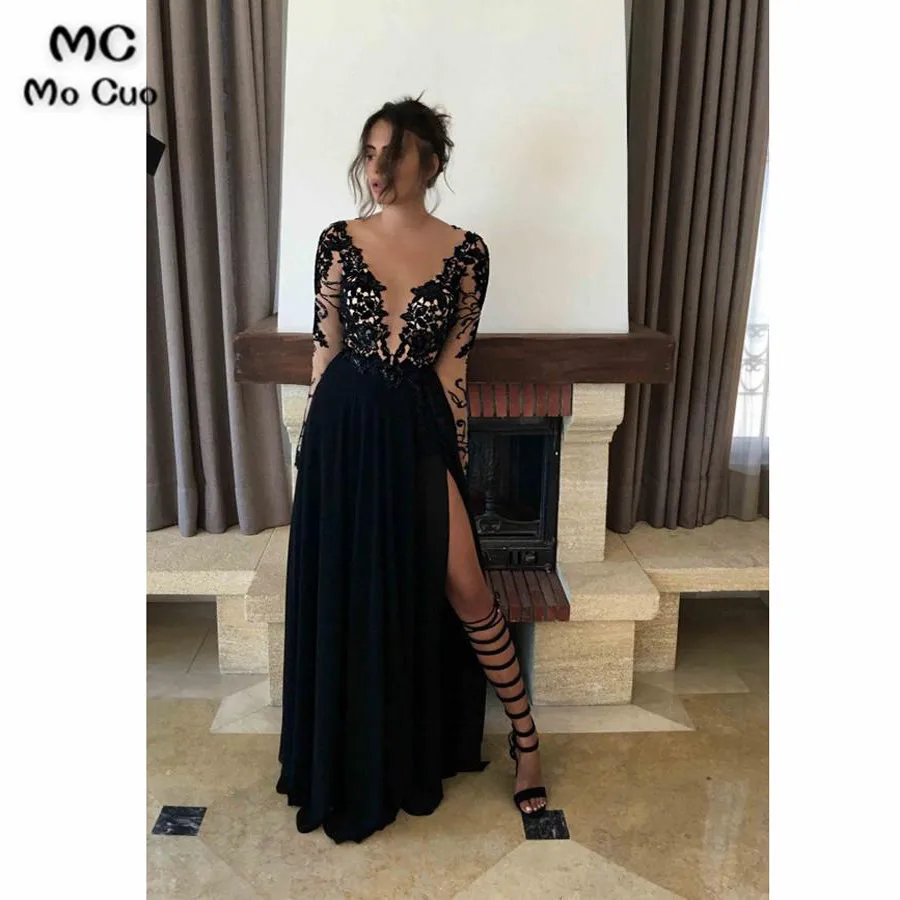 

New Black Prom Dresses Long with Appliques Beaded Crystals Deep V-Neck Front Split Chiffon Formal Evening Party Dress
