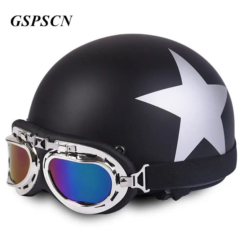 

GSPSCN 2017 Matte Motorcycle Helmets Open Face Half Motorbike with Goggles and Removable Collar Retro Style Helmet Capacete