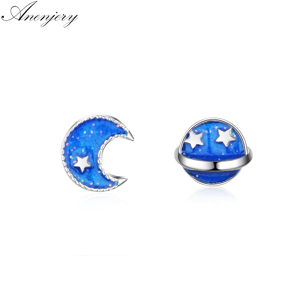 

Anenjery New Cute Fashion 925 Sterling Silver Blue Star Planet Stud Earrings For Women Girl Gift boucle d'oreille brincos S-E612