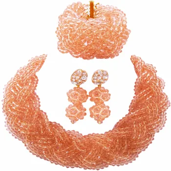 

Beautiful Peach Crystal Beaded Necklaces Costume Nigerian Wedding African Beads Jewelry Set for Women 12BZ12