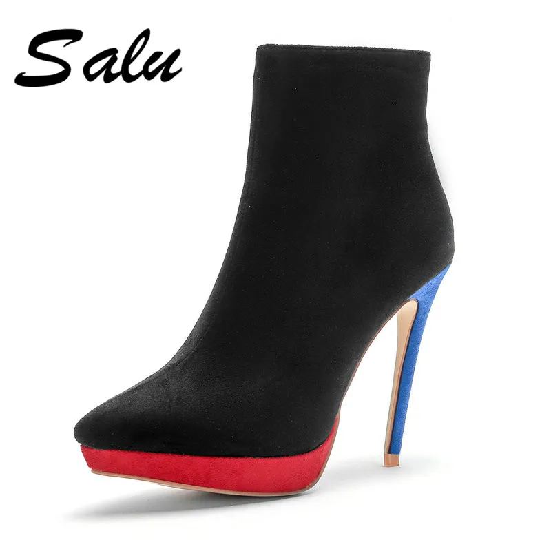 

Salu Women Ankle Boots Fashion Winter Boots Square High Heel Flock Zipper Elegant Women Shoes Women Boots Big Size 34-43