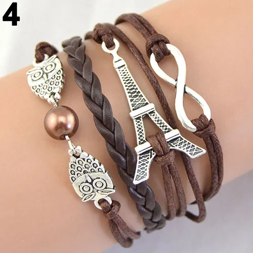 

Women Bracelet Multi Layers Owl Eiffel Tower Wax Rope Infinity Charm Leather Bracelet Bangle Women Accessory Fashion Jewerly