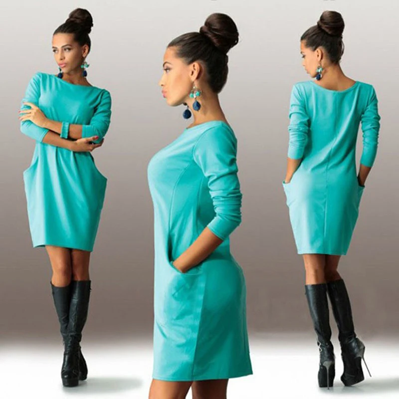 Bigsweety модное осеннее платье, женское мини-платье с карманами, облегающее платье на бедрах, женское офисное платье, Vestido - Цвет: lake blue