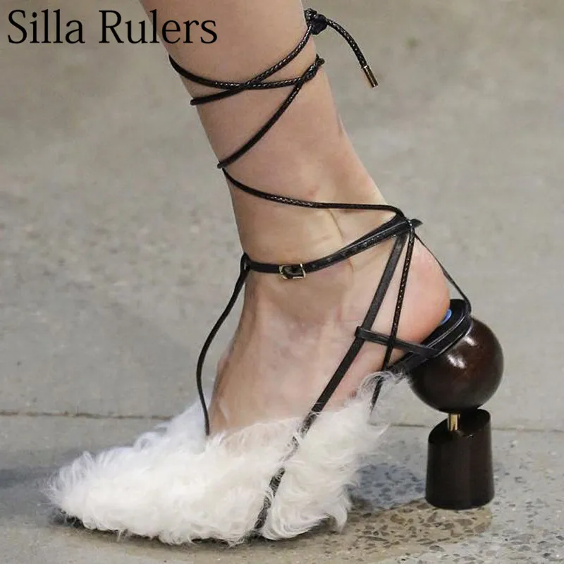 

Silla Rulers 2018 New Real Leather Spherical Heels Women Pumps Wool Lace Up Pointed Toe Hollow Out Women Shoes Party Shoes Women