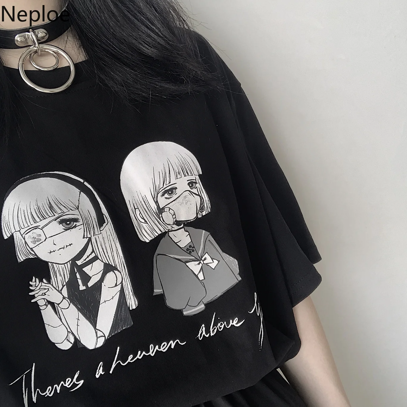 

Neploe White Black Short Sleeve Tee Tops Cartoon Japanese Girl Letter Printed Tshirt 2019 Summer Cotton Causal T Shirts 52380