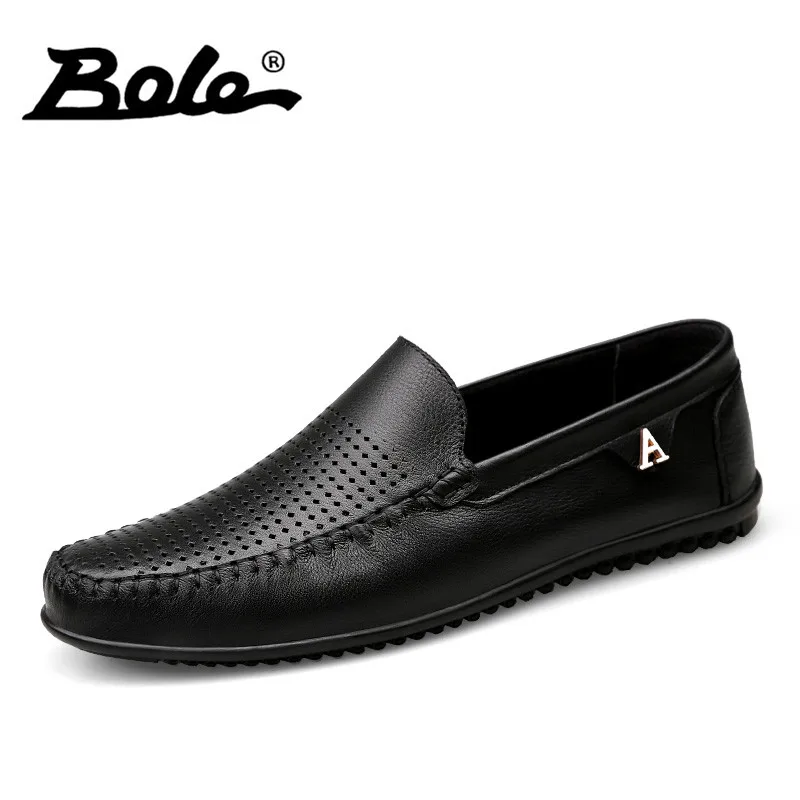 

BOLE New Summer Punching Breathable Men Leather Shoes Fashion Walking Slip on Metal Decoration Men Casual Shoes Flats Shoes Men