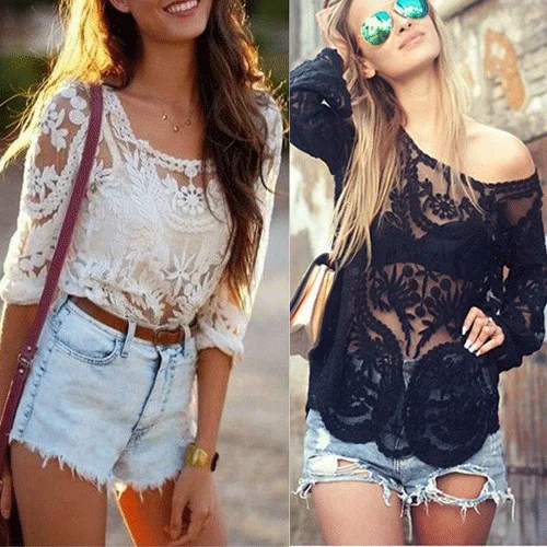 Semi Sheer Women Long Sleeve Lace Shirts Blouses 2014 Spring Summer Embroidery Floral Crochet Tops Hallow out Blusas |