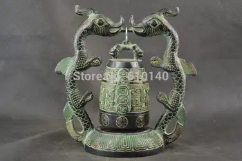 

China Decorated Handwork Bronze Carving Pair Dragon & C0in Rare Big bell