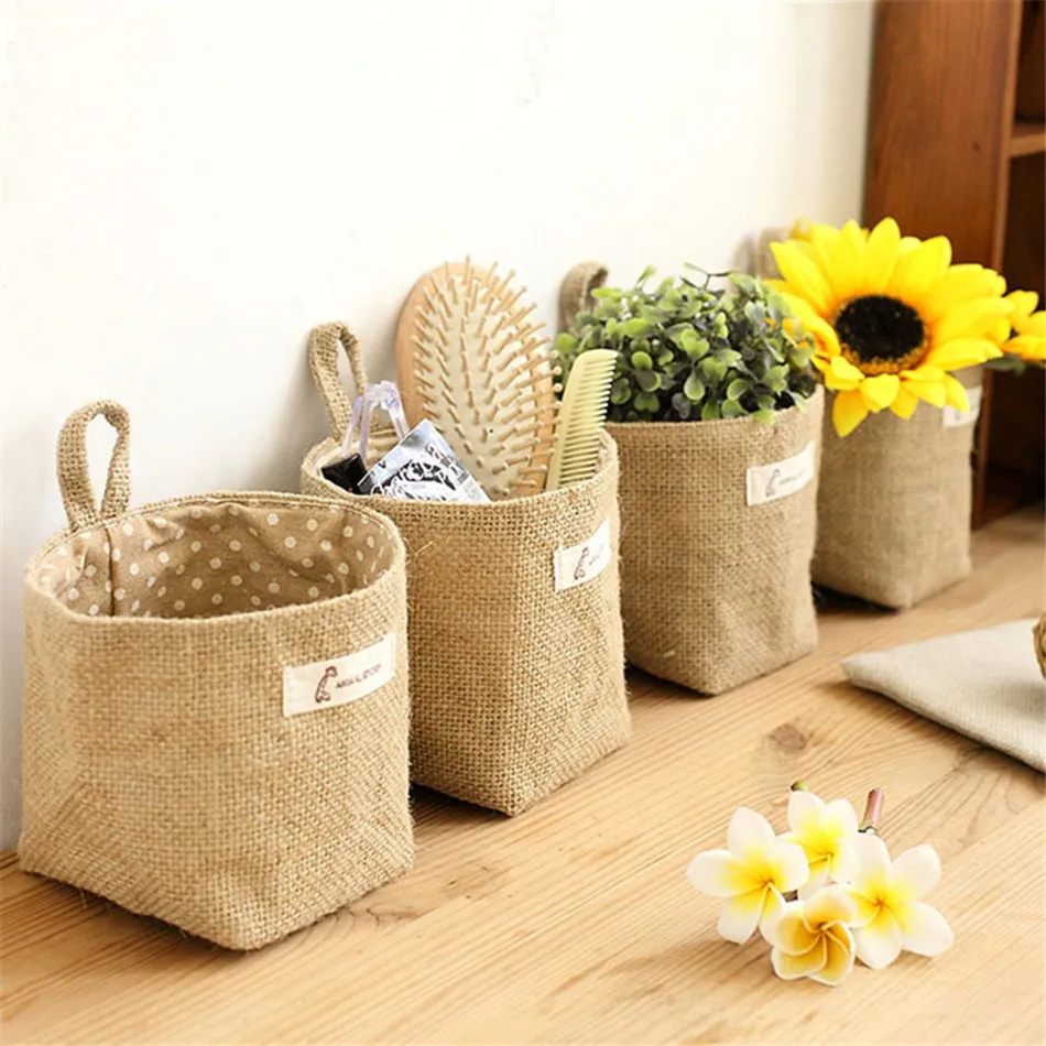 Linen Woven Storage Basket Polka Dot Small Storage Sack Cloth Hanging Non Woven Storage Basket Buckets Bags Kids Toy Box (1)