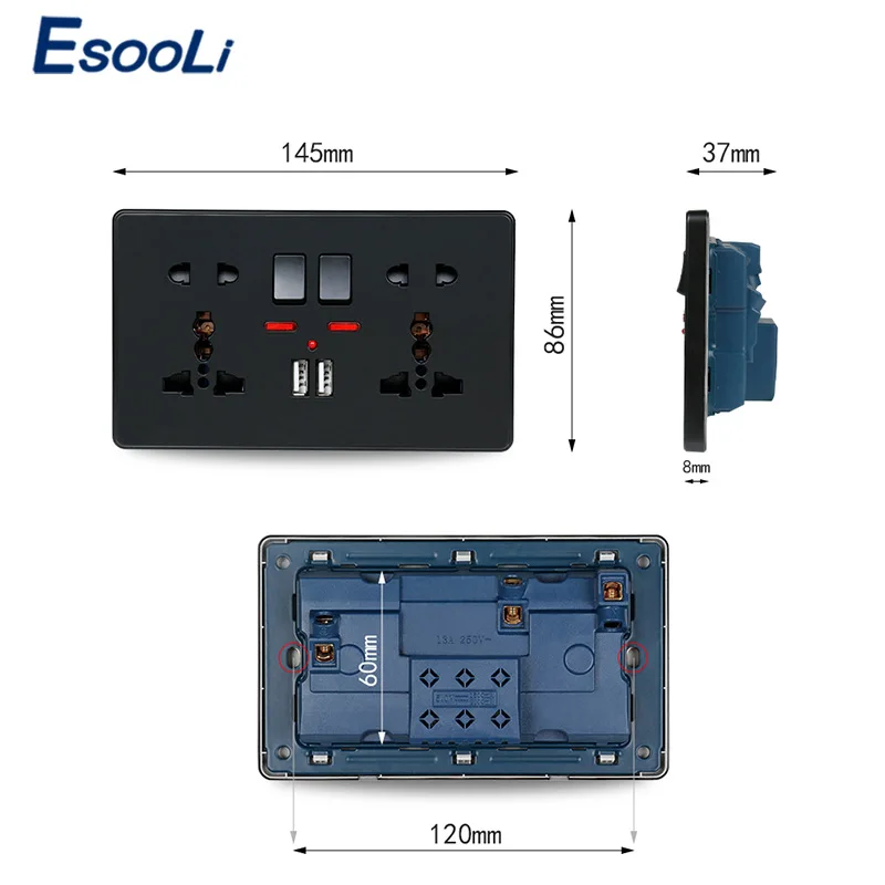 Esooli настенная розетка с двойным универсальным 5 отверстием переключаемая розетка с неоновым 2.1A двойным USB зарядным портом светодиодный индикатор черный