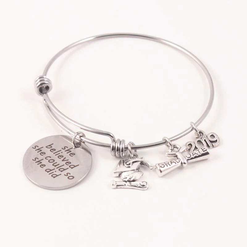 

She Believed She Could So She Did Wire Adjustable Certificate Bachelor Cap Charm Bracelets Bangles For Student Graduation Gift