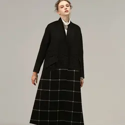 Новая одежда для женщин, зимняя свободная шерстяная куртка большого размера, женское черное лоскутное пальто в шотландскую клетку, модное