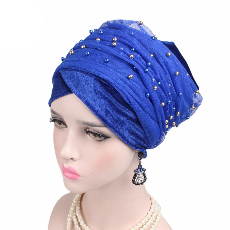 Тюрбан Хиджаб длинный трубчатый головной шарф галстук платок женский тюрбан женский роскошный сплошной золотой бисер сетка длинная повязка на голову - Цвет: Royal Blue