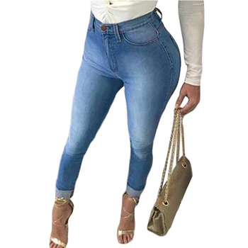 

New High Waist Bottom Stretch Ripped Hole Cut Skinny Blue Jeans Preppy Style 2018 Autumn Women Denim Lift Hip Pencil Pants