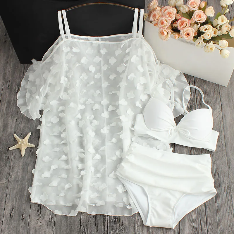 

2018 Promotion Petals White Pure Chiffon Blouse Small Chest Waist Size Gather Three Piece Swimsuit Female Hot Bikinis