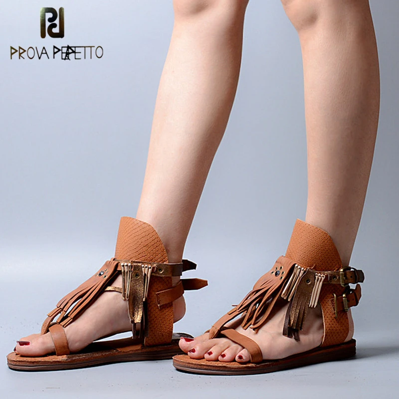 

Prova Perfetto Retro Style T-tied Peep Toe Genuine Leather Fringe Woman Sandals Back Buckle Strap Flat Bottom Leisure Shoes