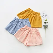 Однотонные детские шорты из хлопка и льна; летние пляжные брюки с текстурой, не скатывается; модные популярные штаны для отдыха для девочек