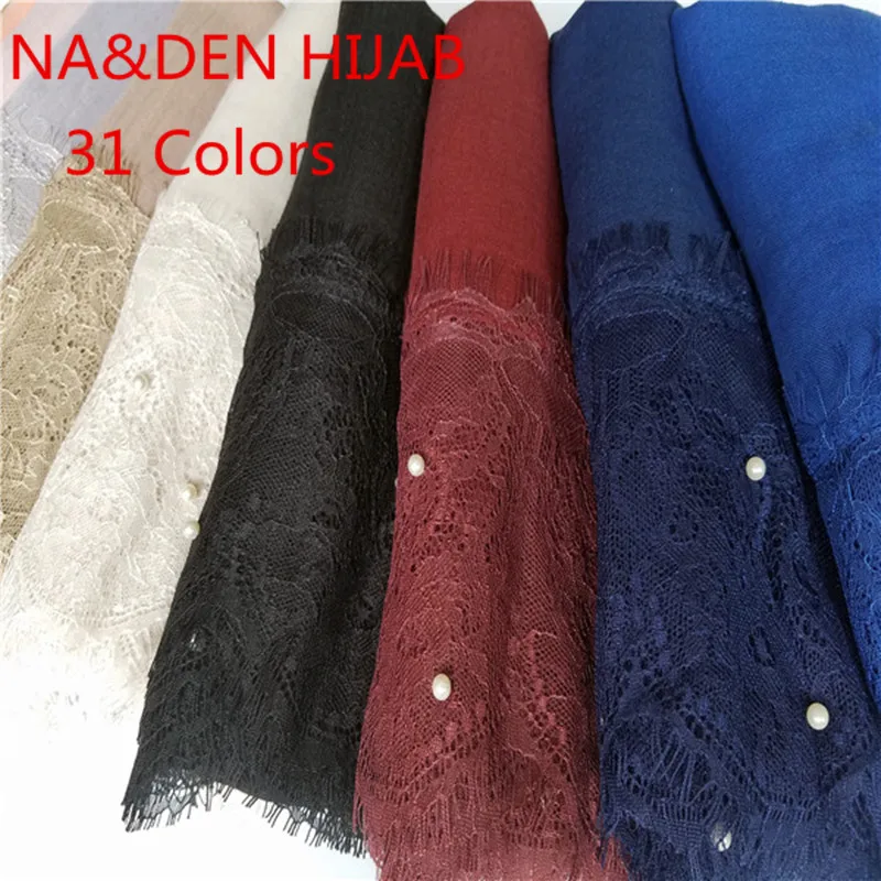 2020 New 31 Color Luxury Pearl Lace Hijab Scarf Plain Maxi Shawl Popular Muslim Lace Scarfs Headbands Hot Sale 1pc High Quality Women S Scarves Aliexpress