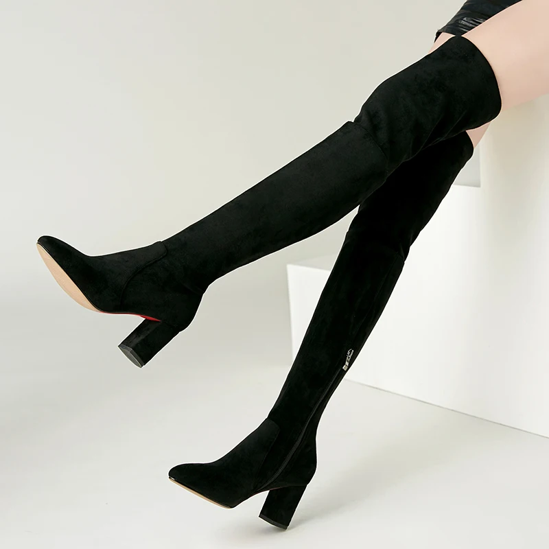 Новинка, женские сапоги выше колена осенне-зимняя теплая обувь на высоком каблуке женские элегантные высокие сапоги на молнии с острым носком размеры 34-43