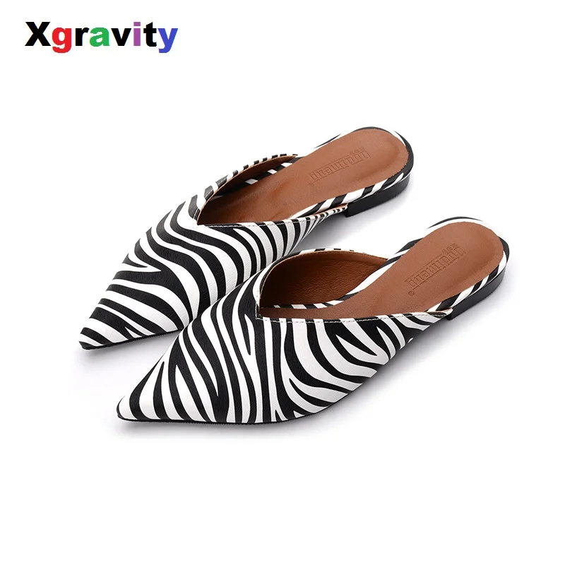 

Xgravity European American Genuine Leather Pointed Toe Casual Fashion Flat Slippers Zebra Designer Women All Match Shoes B028