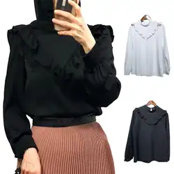 Женские топы с оборками и длинными рукавами, блуза с высоким воротником-стойкой, повседневные мусульманские офисные летние топы, исламские