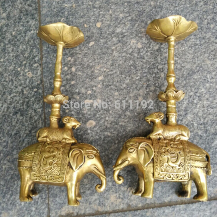 

A pair of 24 cm High Home feng shui chinese brass elephant sheep statue Candelabra