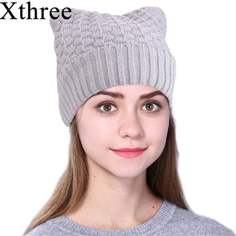 Xthree new cute polyester knitted hat cheap beanie cap with Lining warm winter hats for women outdoor pop ski caps