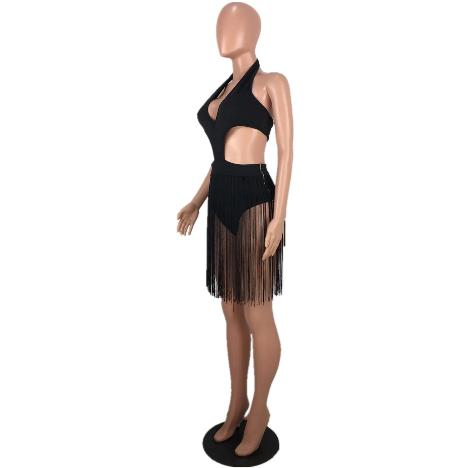 Новые женские летние без рукавов Холтер v-образным вырезом с вырезами кисточкой сплайсинга сексуальный Bodycon пляжный боди костюм L5060