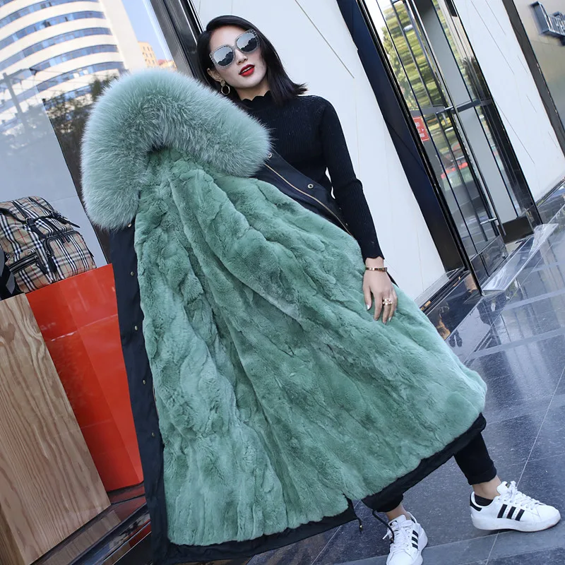 

2018 New Plus Size Long Real Fur Coat for Women Hooded Detachable Natural Rabbit Fur Parkas Winter Chaqueta Mujer Women Fur Coat