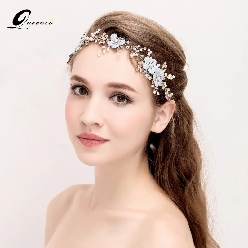 

Blue Flower Headband Leaf Crystal Wedding Hair Accessories Fashion Bridal Headpiece Bride Jewelry Women Hair Ornaments Hairband