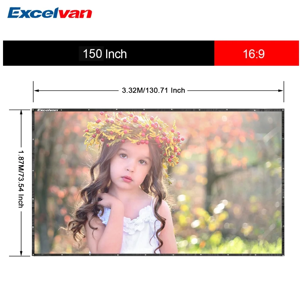 Excelvan 150 дюймов 16:9 складной ПВХ HD портативный домашний и наружный проектор экран с подвесным отверстием для передней проекции