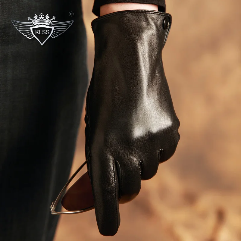 KLSS из брендовой натуральной кожи Для мужчин перчатки Высокое качество козьей перчатки тенденции моды черный водительские перчатки зимние