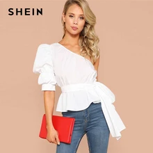 SHEIN Sexy One Shoulder Puff Sleeve Peplum Knot Belted Top Blouse Women Summer 2019 Solid Ruffle Elegant Party Blouses oblique shoulder ruffle trim knot cuff spot blouse