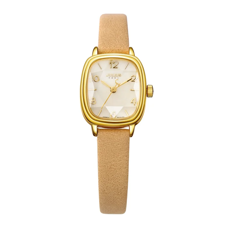 JULIUS бренд логотип топ роскошные женские часы Кристалл квадратный циферблат кожаный ремешок модные часы розовое золото Relogio Feminino JA-885 - Цвет: Beige
