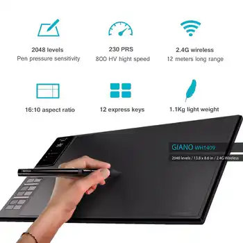 Huion GIANO WH1409 Wireless 2.4G Graphic Drawing Tablet 14\" Built-in 8GB Memory Card Digital Tablets Pen Tablet Bag Glove Gift