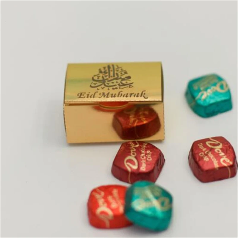 HAOCHU 100 шт. ИД Мубарак Лазерная резка пользу Коробки Рамадан Карим конфеты в подарочной коробке цвета: золотистый, серебристый Happy мусульманин ВИЗ вечерние свадебные декор