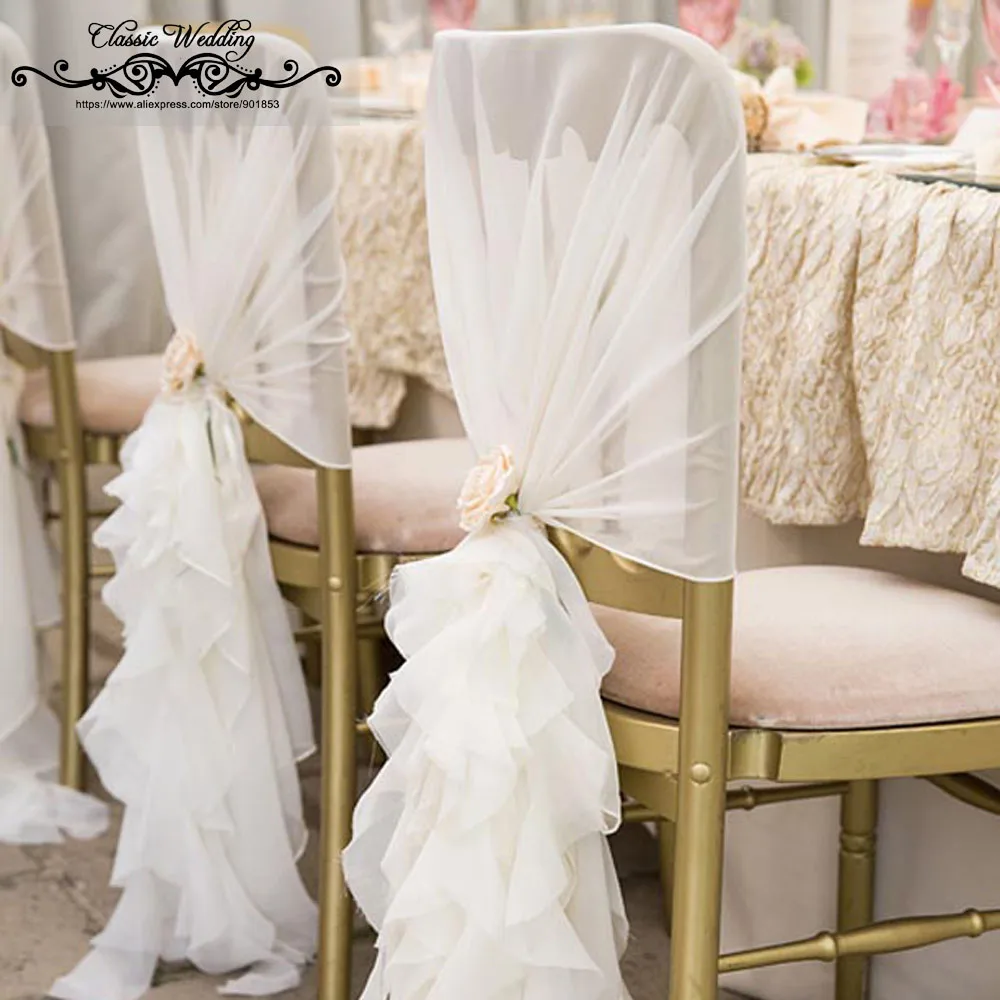 150 Pcs White Ruched Chiffon Chair Cap Chair Sash With Ruffles