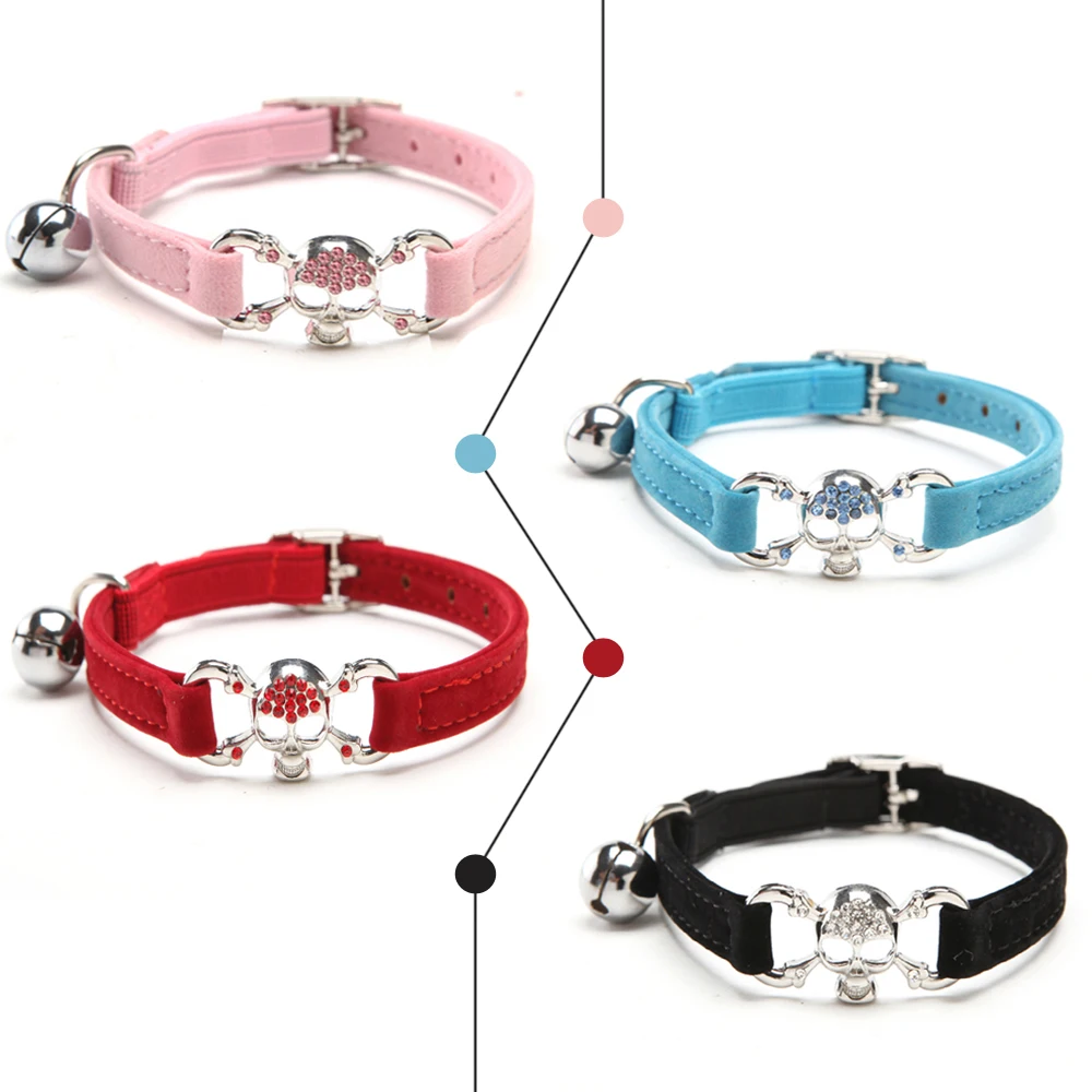 

Rhinestones Skull Collar Cat Baby Puppies Dog Safety Elastic Adjustable with Bling Pirate and bell Soft velvet material