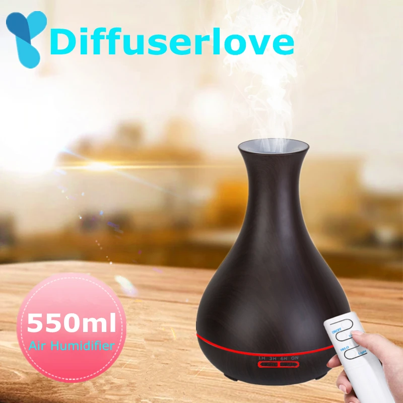 

Diffuserlove 550ml Remote Control Wood Grain Air Humidifier Ultrasonic Essential Oil Diffuser with Night Light Brown Household