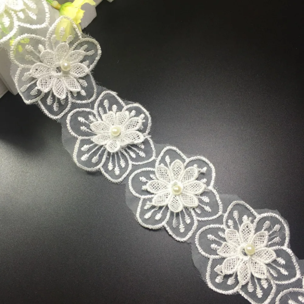 15 yard / lot 3D Flower Lace Trim Embroidery Sewing lace trims pearl ...