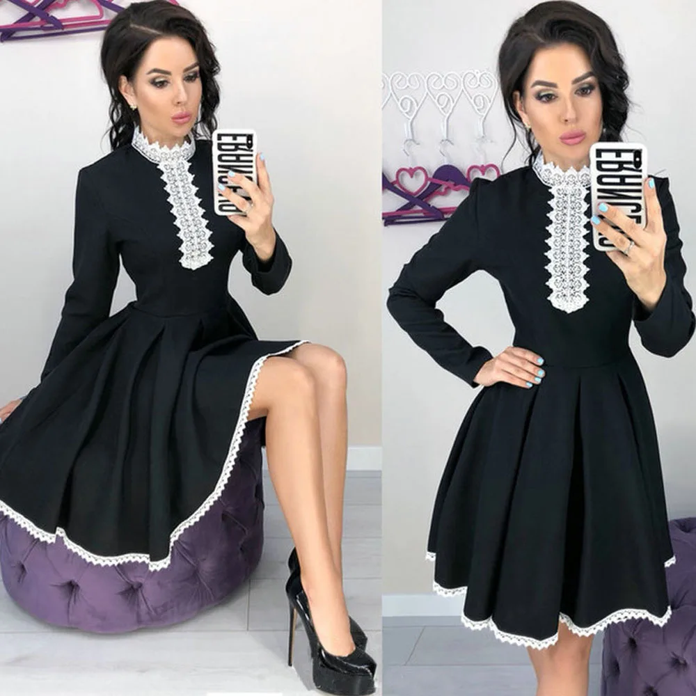 

Women Dress 2019 Autumn Winter Dress New Long Sleeve Patchwork Lace Dress Women Fall Fashion Casual Crochet A-Line Dresses